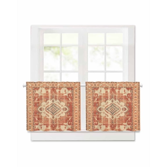 Retro Ethnic Short Blackout Curtains 24 Inch Long Tribal Boho Orange Vintage Oriental Rod Pocket Kitchen Curtains, 2 Panels Thermal Insulated Darkening Drapes for Bedroom, 30"W x 30"L