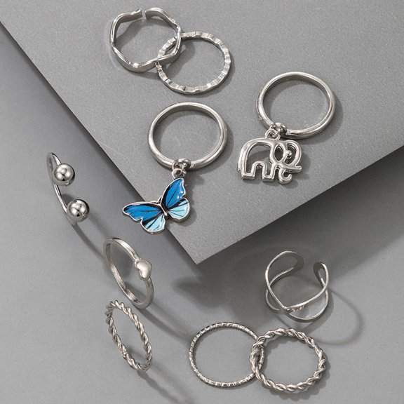 Retro Ethnic Style 10-Piece Silver Ring Set - Geometric Electroplated Alloy Rings, Unisex Design, Perfect for Everyday Wear