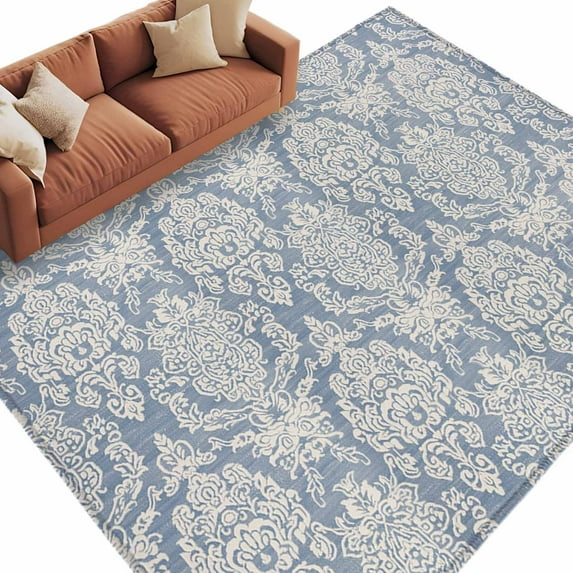 Retro Ethnic Style Flowers Blue Washable Area Rug 5 x 7 ft , Soft Non Slip Rugs Stain Repellent Indoor Felt Carpet for Living Dining Room Bedroom Home Office