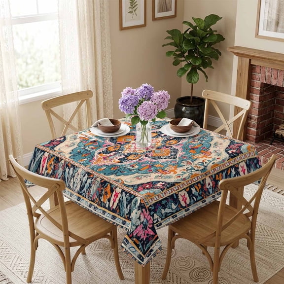 Retro Ethnic Style Square Tablecloth 54x54 Inch Vintage Medieval Turkish Texture Waterproof Tablecloth for Dining Table, Washable Table Cover for Kitchen Dining Room Decoration,Stain Resistant