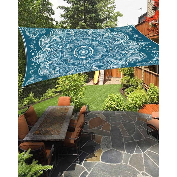 Retro Ethnic Style Sun Shade Sail 6.5'X10' Abstract Green Tribal Flower Printing UV Block Outdoor Sail Shades Breathable Waterproof Rectangular Sunshade for Patio Garden Pool Pergola Porch