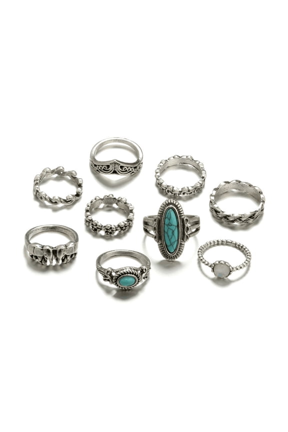 Womens Silver Rings Set with Turquoise Elephant Flower Gem and Geometric Design Retro Ethnic Style Hand Accessories Alloy Ring 9 Piece Set