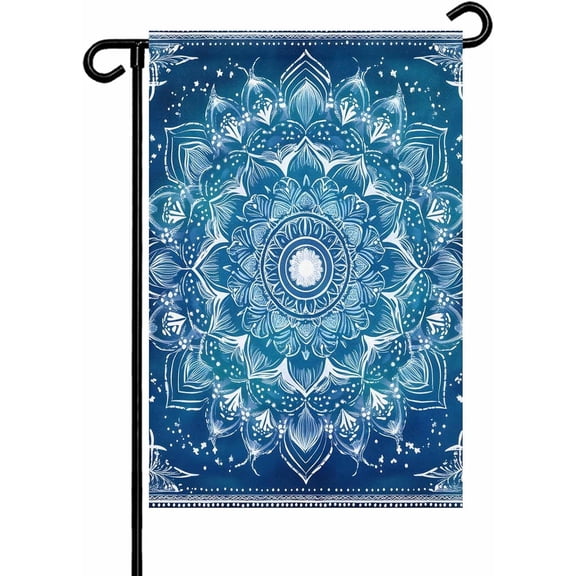 Retro Ethnic Tribal Flower Pattern Garden Flags 12x18 Inch Double Sided Welcome Yard Flags for Outdoor Decor Blue Background Yard Outside Seasonal Decoration