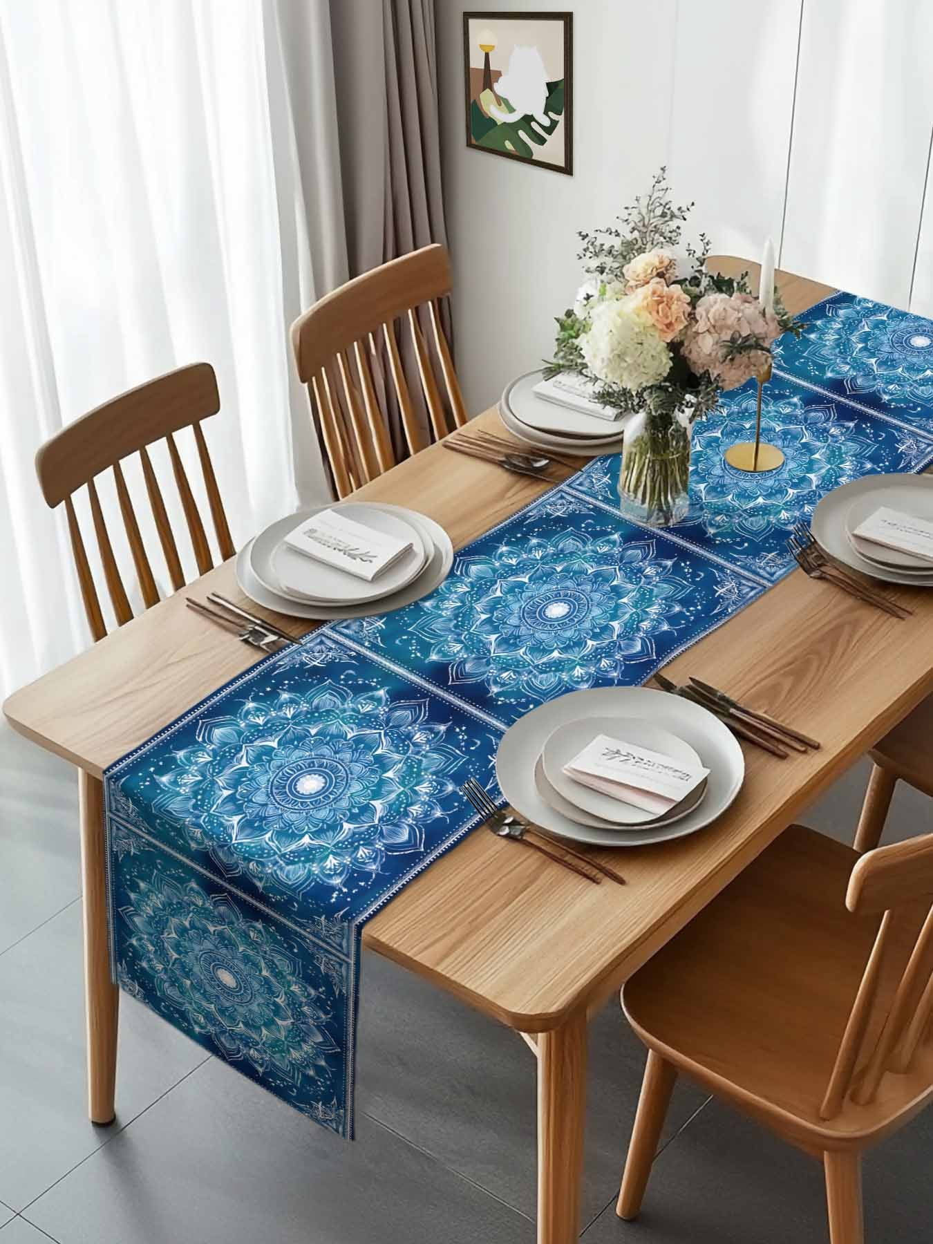 Retro Ethnic Tribal Flower Pattern Table Runner 90 Inches Long, Blue Background Table Runners Tabletop Scarf Kitchen Dining Tables Decoration for Home Party Indoor Outdoor