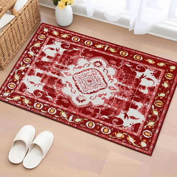 Retro Ethnic Washable Small Entryway Area Rugs 2'x3', Tribal Boho Low Pile Throw Rug Non-Slip Sturdy Edge Binding Carpet for Front Door Floor Room Entry