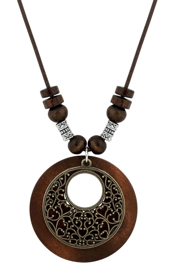 Retro Ethnic Wooden Sweater Necklace, Long Chain, Round Clock Pendant, Vintage Jewelry Gifts for Women