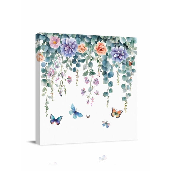 Retro Eucalyptus Canvas Wall Art, Leaf Flower Butterfly Watercolor Plant Framed Wall Decor Modern Artwork Prints Painting for Living Room, Bedroom, Kitchen & Cafe Decor 8x8 Inch