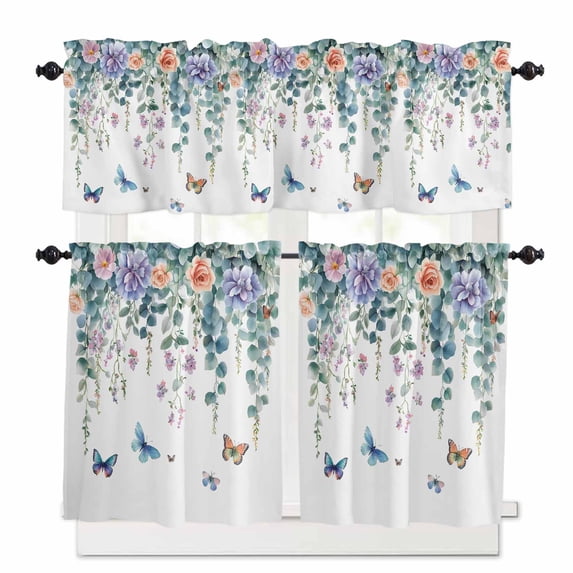 Retro Eucalyptus Kitchen Curtains and Valances Set, Leaf Flower Butterfly Watercolor Plant Rod Pocket Window Valance 18 Inch Window Curtain Panels for Living Room Bedroom Laundry, 27.5x24in, 3 Pieces