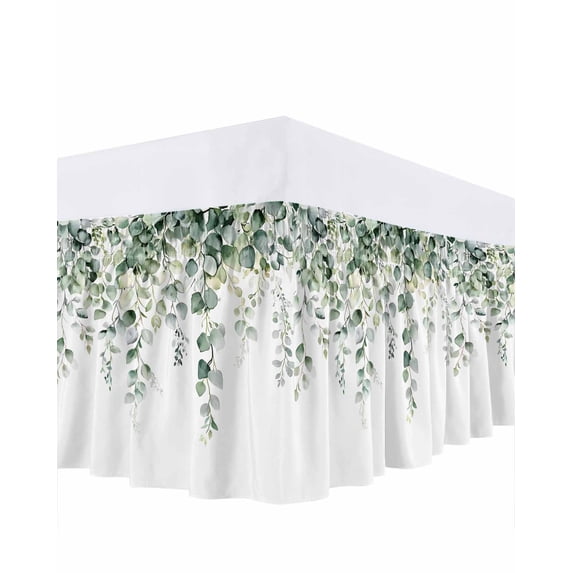 Retro Eucalyptus Leaves Bed Skirt King Size, Rustic Pastoral Botanical Wrap Around Bed Skirting with Adjustable Elastic Strap, Dust Ruffled Pleated Bedskirts 18 Inch Drop for Bedroom King Beds