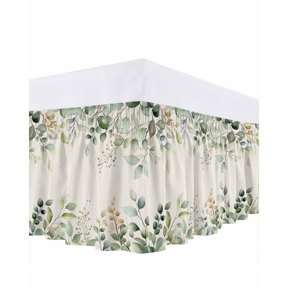 Retro Eucalyptus Leaves Bed Skirt Queen Size 16" Drop Sage Green Leaf Summer Plants Linen Ruffled Wrap Around Bed Skirts Adjustable Elastic Bedskirt Dust Ruffle for Queen Size Bed