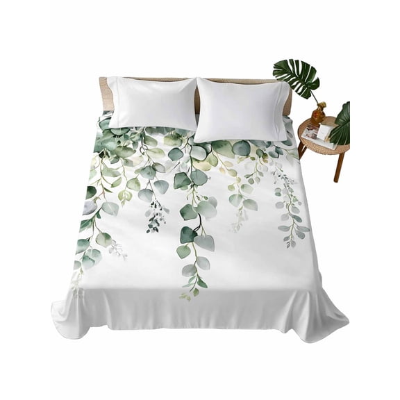 Retro Eucalyptus Leaves Flat Sheet Only Twin Size, Soft Breathable Bed Top Sheets for Mattress, Rustic Pastoral Botanical Luxury Bedding Flat Sheets for Home Hotel Bedroom Bed Protection