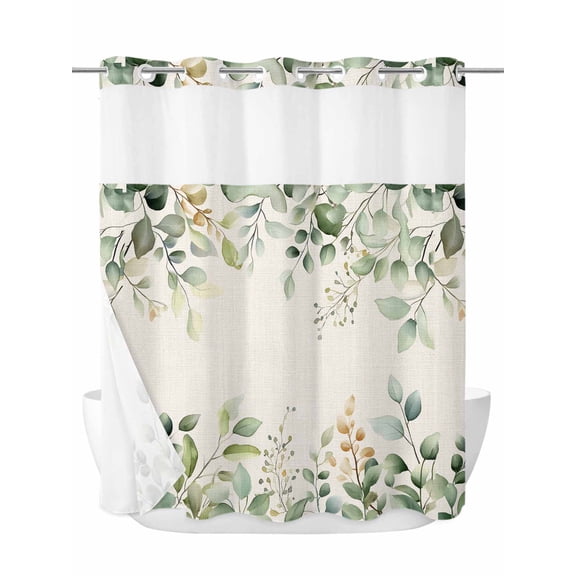 Retro Eucalyptus Leaves No Hook Shower Curtain and Liner Set Sage Green Leaf Summer Plants Linen Shower Curtains with Snap-in Liner & See Through Top Window Hotel Style for Bathroom Decor 72x72 Inch