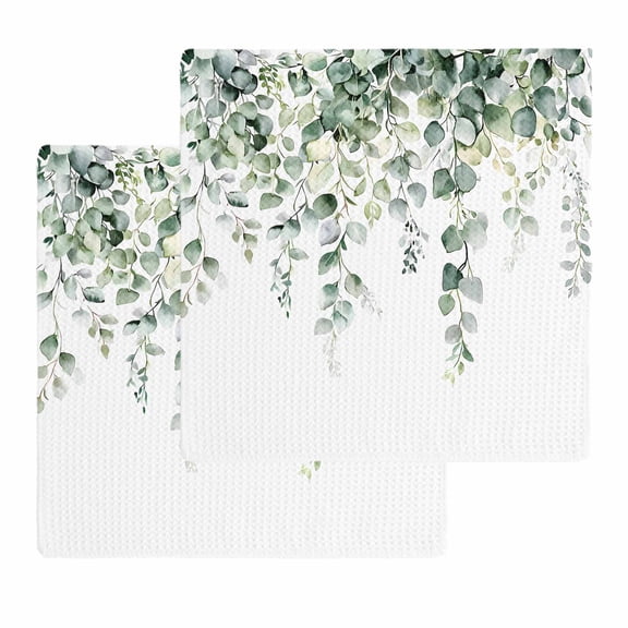 Retro Eucalyptus Leaves Kitchen Dish Towels for Drying Dishes Set of 2, Rustic Pastoral Botanical Waffle Weave Microfiber Hand Tea Bathroom Towels Quick Dry & Absorbent Towel 12x12