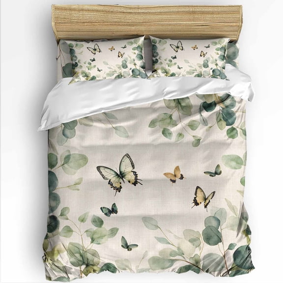Retro Eucalyptus Leaves Queen Size Comforter Set, Butterfly Spring Rustic Linen Soft Bedding for All Seasons, 4 Pcs Bed Set with 1Comforter (90"x92") ,1 Sheet(94"x116"), 2 Pillowcases (19"x29")