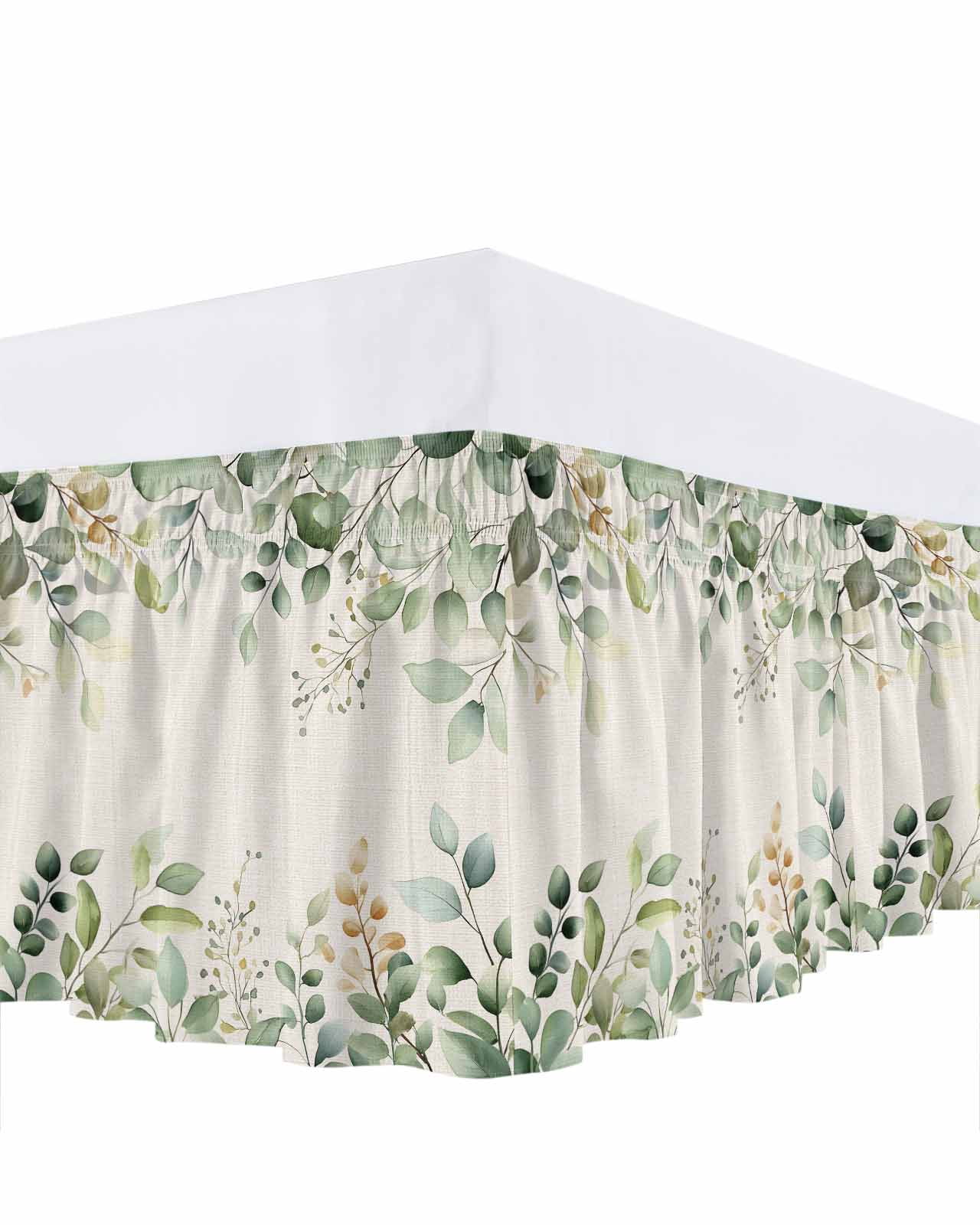 Retro Eucalyptus Leaves Ruffle Bed Skirt King Size Sage Green Leaf Summer Plants Linen Adjustable Elastic Dust Bed Skirts Wrap Around Bedskirt Wrinkle Free Easy Fit with 18 Inch Drop