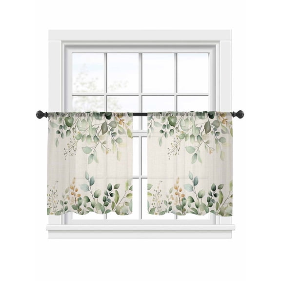 Retro Eucalyptus Leaves Sheer Curtains 54 Inch Long 2 Panels, Sage Green Leaf Summer Plants Linen Light Filtering Rod Pocket Semi Sheer Curtains, Sheer Voile Drapes for Living Room Bedroom, 52"x54"