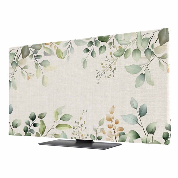 Retro Eucalyptus Leaves TV Dust Cover 24 Inch, Sage Green Leaf Summer Plants Linen Computer Monitor Cover Dustproof Stretchable Indoor TV Screen Protector for LED LCD Universal Monitors