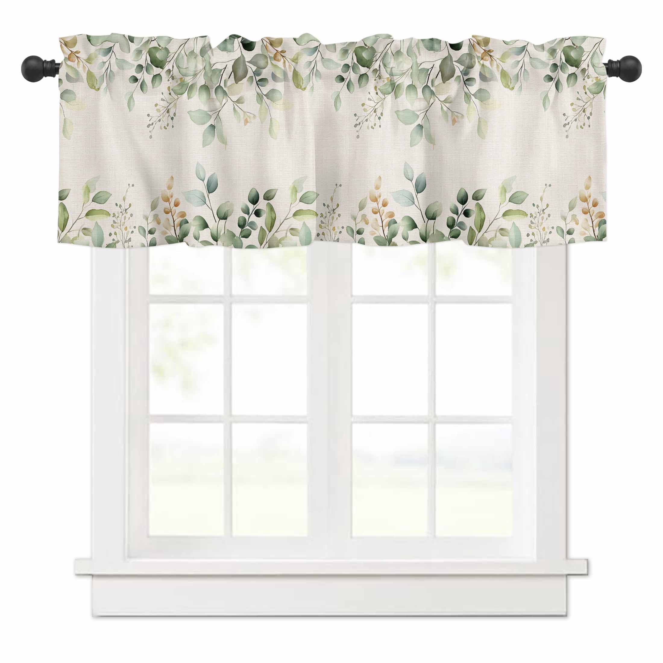 Retro Eucalyptus Leaves Valances for Windows Sage Green Leaf Summer Plants Linen Rod Pocket Curtain Valance Window Treatment Short Curtains for Kitchen Living Room, 60"x18"