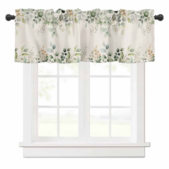 Retro Eucalyptus Leaves Valances for Windows Sage Green Leaf Summer Plants Linen Rod Pocket Curtain Valance Window Treatment Short Curtains for Kitchen Living Room, 60"x18"