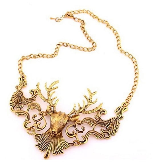 Retro European Antique Gold Color Deer Head Pendant Necklace Sweater Chain