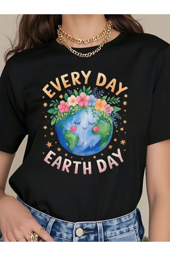 Retro Every Day Earth Day Graphic Tee Cute Floral Planet Earth T-Shirt Women Sustainable Nature Lover Short Sleeve Top