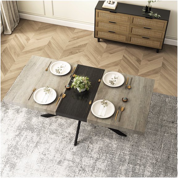 Retro Expandable Dining Table with Storage, Grey Top and Black Iron Base for 6-Seater