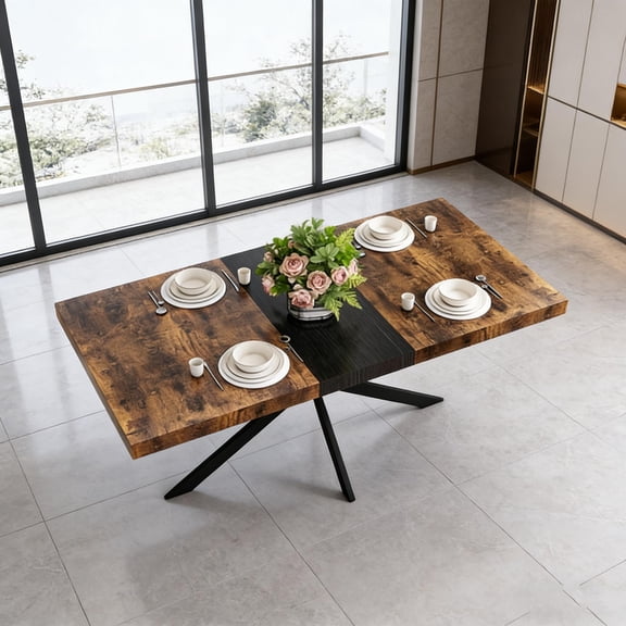 Retro Extendable Dining Table 55-71" with Antique Wood Top, Black Cross Iron Base and Storage Box, Expandable Kitchen Table