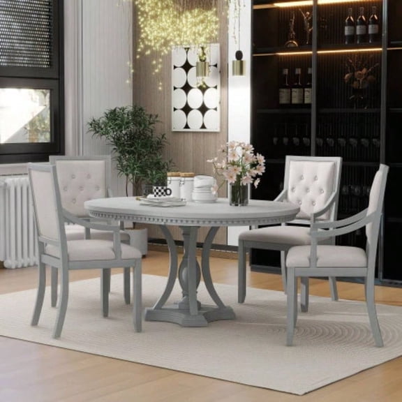 Retro Extendable Round Dining Table Set with 4 Chairs, Antique Gray Oak Finish, Suitable for Kitchen/Dining Room