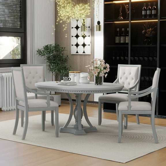 Retro Extendable Round Dining Table Set with 4 Chairs, Antique Gray Oak Finish, Suitable for Kitchen/Dining Room