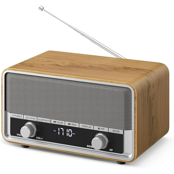 Retro AM FM Radio Plug in Wall, Digital Clock Radio for Bedroom with LCD Display| 40 Presets | Sleep Timer | No Alarm, Retro Bluetooth Speaker for Office,Great Gift Wood