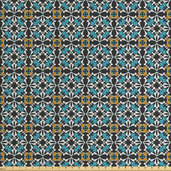 Ambesonne Retro Fabric by the Yard Upholstery, Abstract Floral Mosaic, 3 Yards, Multicolor