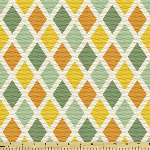 Ambesonne Retro Fabric by the Yard Upholstery, Classic Checkered Striped, 1 Yard, Marigold Green Cream