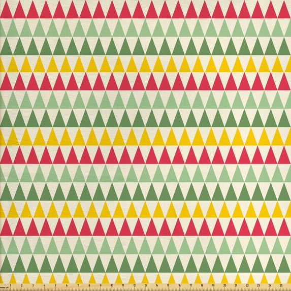Retro Fabric by the Yard, Colorful Triangles Sharp Edged Geometric Shapes in Horizontal Line, Upholstery Fabric for Dining Chairs Home Decor Accents, Dark Coral Pale Green by Ambesonne