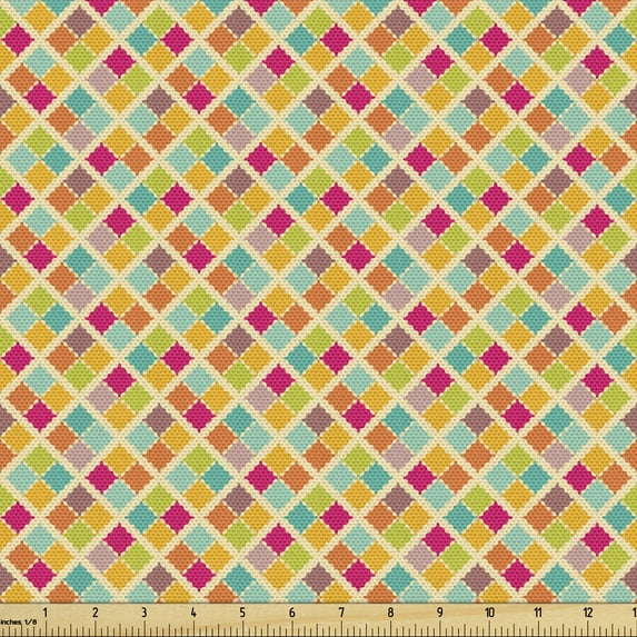 Ambesonne Retro Fabric by the Yard Upholstery, Checkered Colorful Tile, 10 Yards, Multicolor