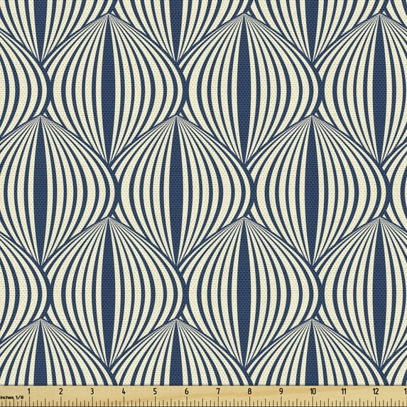 Retro Fabric by the Yard, Geometrical Pattern with Curved Look Shapes with Lines in Pastel Tones, Decorative Upholstery Fabric for Chairs & Home Accents, Night Blue and Cream by Ambesonne