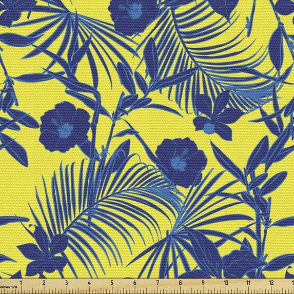 Retro Fabric by the Yard, Hawaiian Forest Pattern with Tropical Leaves and Flowers Exotic Island, Upholstery Fabric for Dining Chairs Home Decor Accents, Yellow and Night Blue by Ambesonne