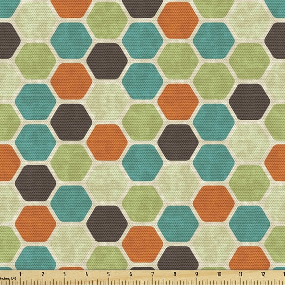 Ambesonne Retro Fabric by the Yard Upholstery, Grunge Colorful Hexagons, 1 Yard, Multicolor