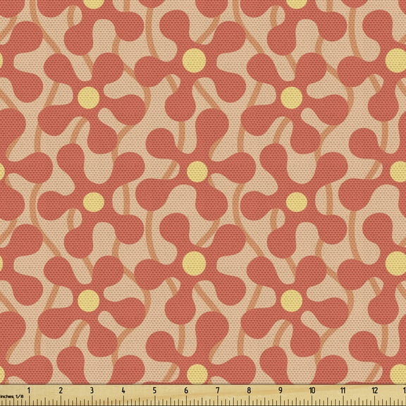 Ambesonne Retro Fabric by the Yard Upholstery, Abstract Floral Motifs Image, 5 Yards, Peach and Burnt Sienna