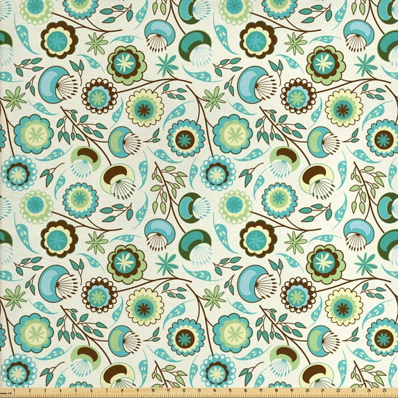 Ambesonne Floral Fabric by the Yard Upholstery, Pastel Nature, 5 Yards, Mint Green Sky Blue