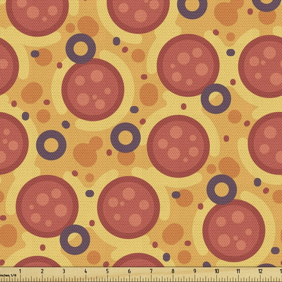 Retro Fabric by the Yard, Trippy Geometric Circles Looks Like Pepperoni Pizza Slice Food Fun Yum Kitchen, Upholstery Fabric for Dining Chairs Home Decor Accents, Apricot Mustard by Ambesonne