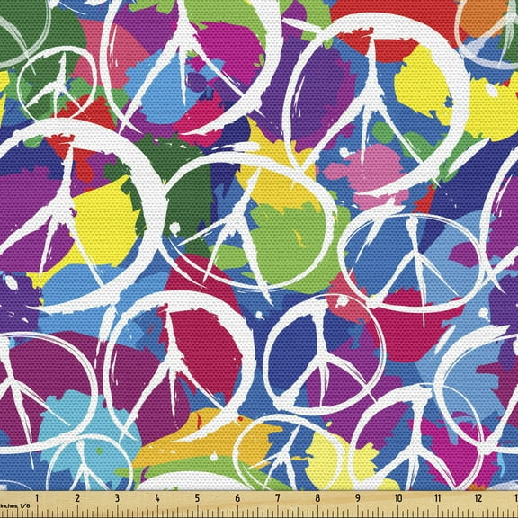 Ambesonne Hippie Fabric by the Yard Upholstery, Peace Activism Theme, 1 Yard, Multicolor