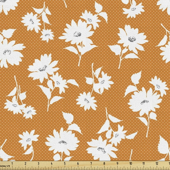 Ambesonne Retro Fabric by the Yard Upholstery, Floral Botany Arrangement, 10 Yards, Dark Orange Grey White