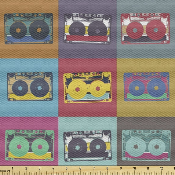 Ambesonne Retro Fabric by the Yard Upholstery, Audio Cassettes in Squares, 1 Yard, Multicolor