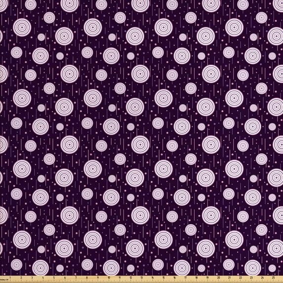 Retro Fabric by the Yard Upholstery, Illustration of Concentric Circles Little Dots Short Vertical Lines, Decorative Fabric for DIY and Home Accents, Dark Purple Pale Pink by Ambesonne