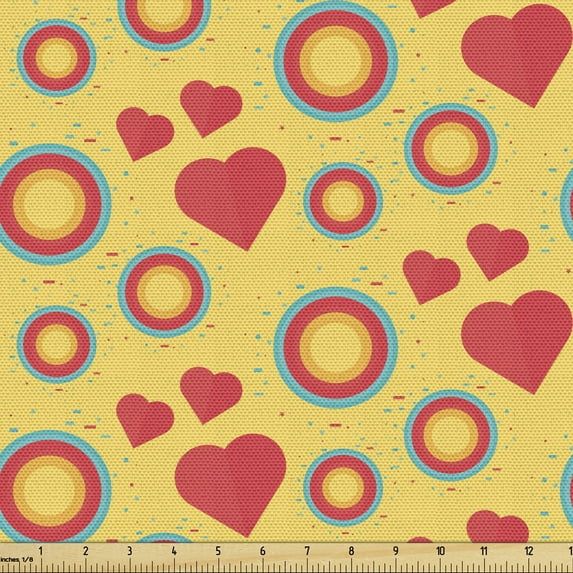 Retro Fabric by the Yard Upholstery, Illustration of Ornamental Intricate Circles and Hearts, Decorative Fabric for DIY and Home Accents, Mustard Dark Coral by Ambesonne