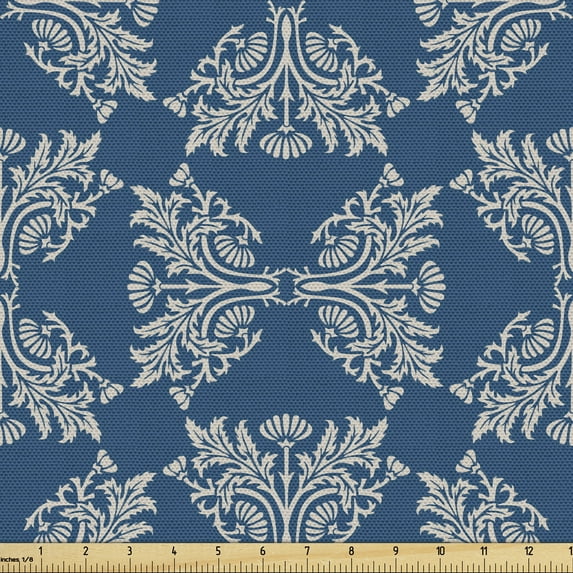Ambesonne Retro Fabric by the Yard Upholstery, Abstract Victorian Ornaments, 1 Yard, Dark Sky Blue and Pale Tan