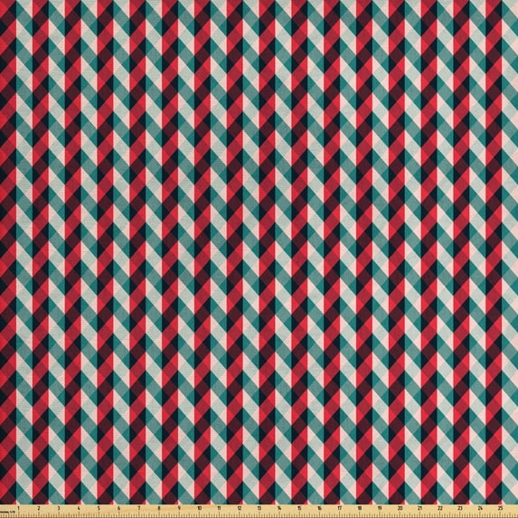 Retro Fabric by the Yard Upholstery, Vintage Country Style Pattern with Diagonal Checks and Vertical Stripes, Decorative Fabric for DIY and Home Accents, Dark Coral Teal Beige by Ambesonne