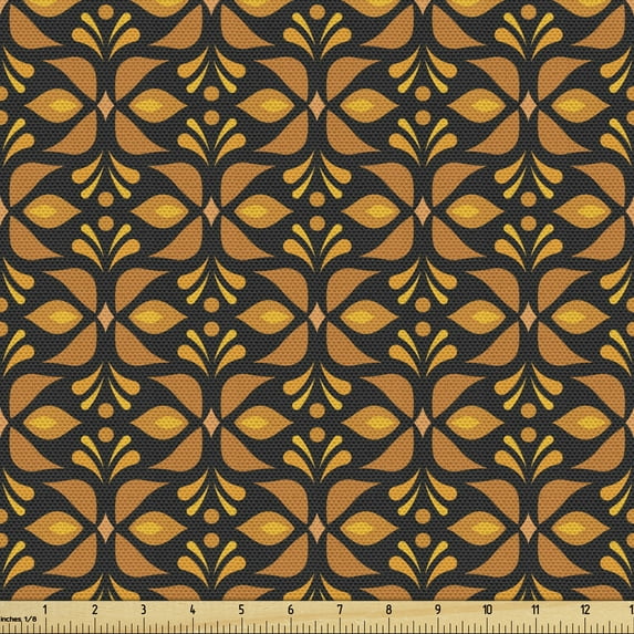Ambesonne Retro Fabric by the Yard Upholstery, Vintage Floral Mosaic Motif, 3 Yards, Dark Taupe and Marigold