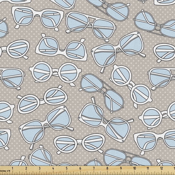 Retro Fabric by the Yard, Vintage Hipster Glasses Pattern on Polka Dots Backdrop Eyesight Optic Design, Decorative Upholstery Fabric for Sofas and Home Accents, Pale Blue Tan White by Ambesonne