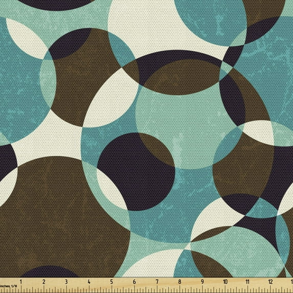 Retro Fabric by the Yard, Weathered Texture of Geometrical Composition with Moire and Intersecting Circles, Decorative Upholstery Fabric for Chairs & Home Accents, Multicolor by Ambesonne